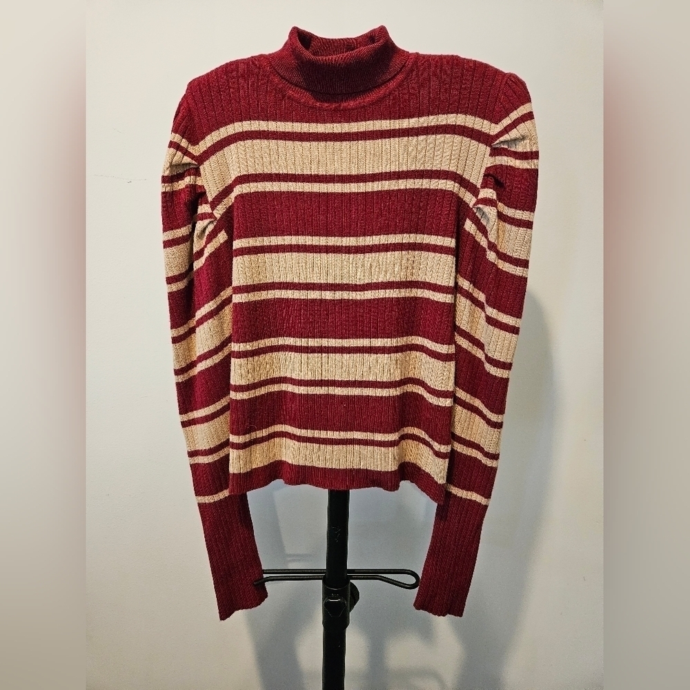 FOREVER 21 WOMEN'S RASPBERRY & CREME STRIPED SLIGHTLT CROPPED TURTLENECK SIZE L